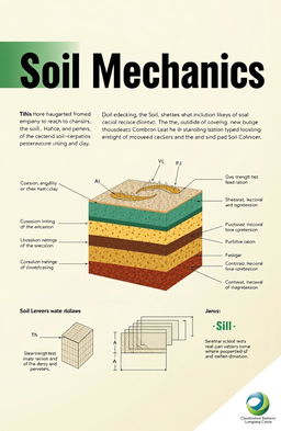 A visually engaging and educational illustration of soil mechanics, featuring a cross-sectional view of different soil layers, highlighting their properties such as cohesion, angularity, and particle size