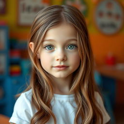 A slender white girl standing at 158cm tall, with long, wavy brown hair cascading down her shoulders