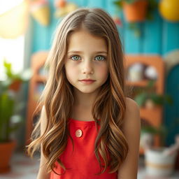 A slender white girl standing at 158cm tall, with long, wavy brown hair cascading down her shoulders