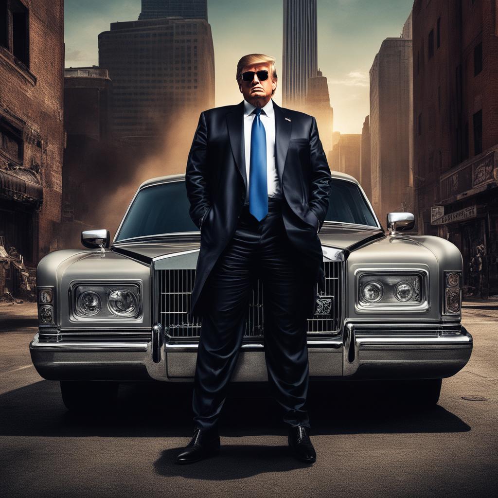 Digital art of Donald Trump as a hardcore gangster rapper with face tattoos, leaning on a Rolls Royce in a gritty urban setting