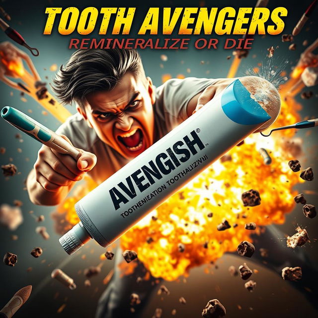 An action movie poster featuring a tube of miraculous tooth remineralization toothpaste, set in a high-adrenaline environment