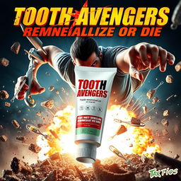 An action movie poster featuring a tube of miraculous tooth remineralization toothpaste, set in a high-adrenaline environment
