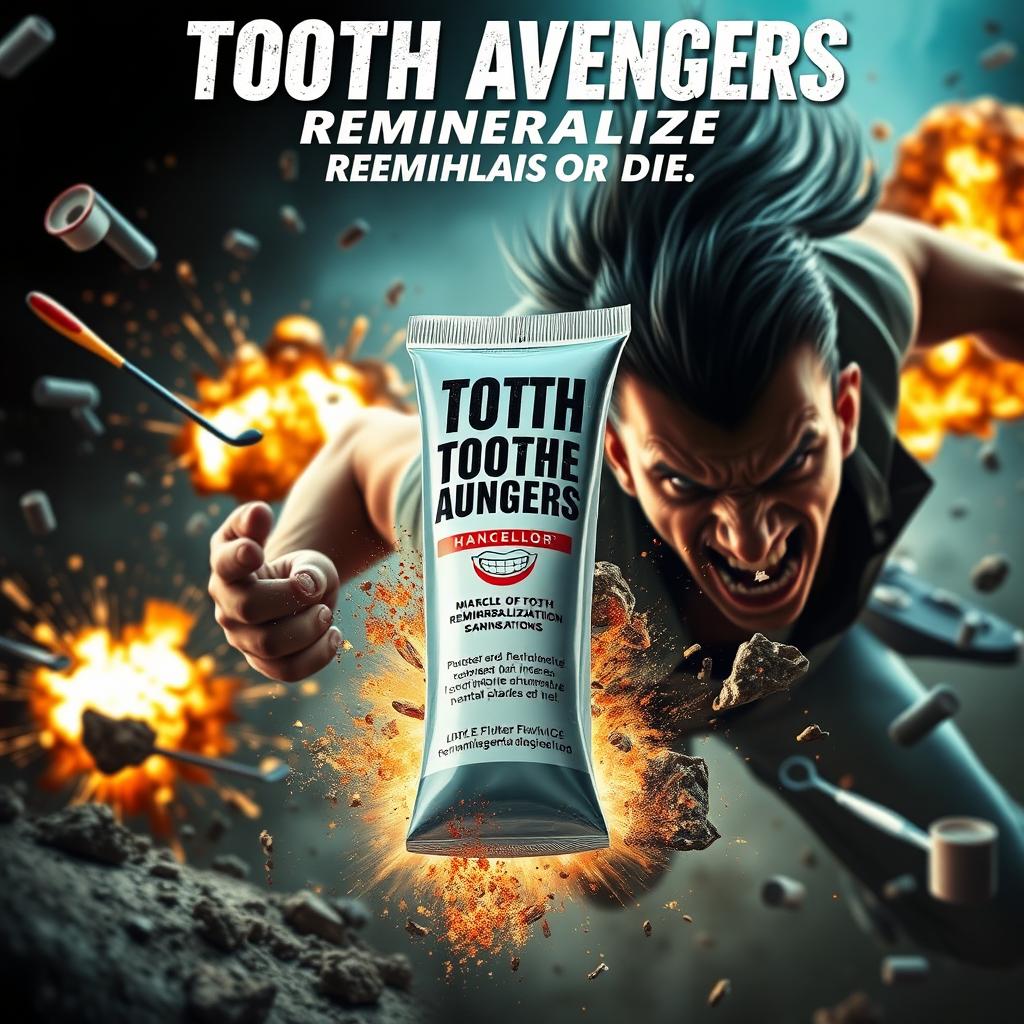 An action movie poster featuring a tube of miraculous tooth remineralization toothpaste, set in a high-adrenaline environment