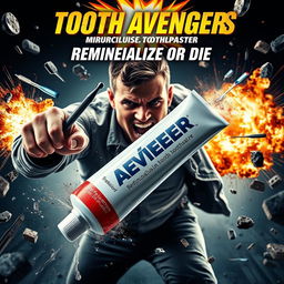 An action movie poster featuring a tube of miraculous tooth remineralization toothpaste, set in a high-adrenaline environment