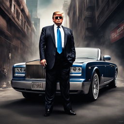 Digital art of Donald Trump as a hardcore gangster rapper with face tattoos, leaning on a Rolls Royce in a gritty urban setting