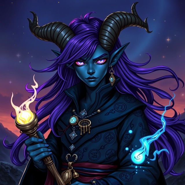 A dark blue-skinned Tiefling warlock character with striking androgynous features, adorned with flowing purple hair that cascades down the shoulders