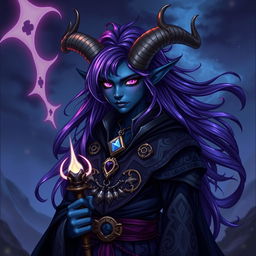 A dark blue-skinned Tiefling warlock character with striking androgynous features, adorned with flowing purple hair that cascades down the shoulders