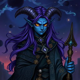 A dark blue-skinned Tiefling warlock character with striking androgynous features, adorned with flowing purple hair that cascades down the shoulders