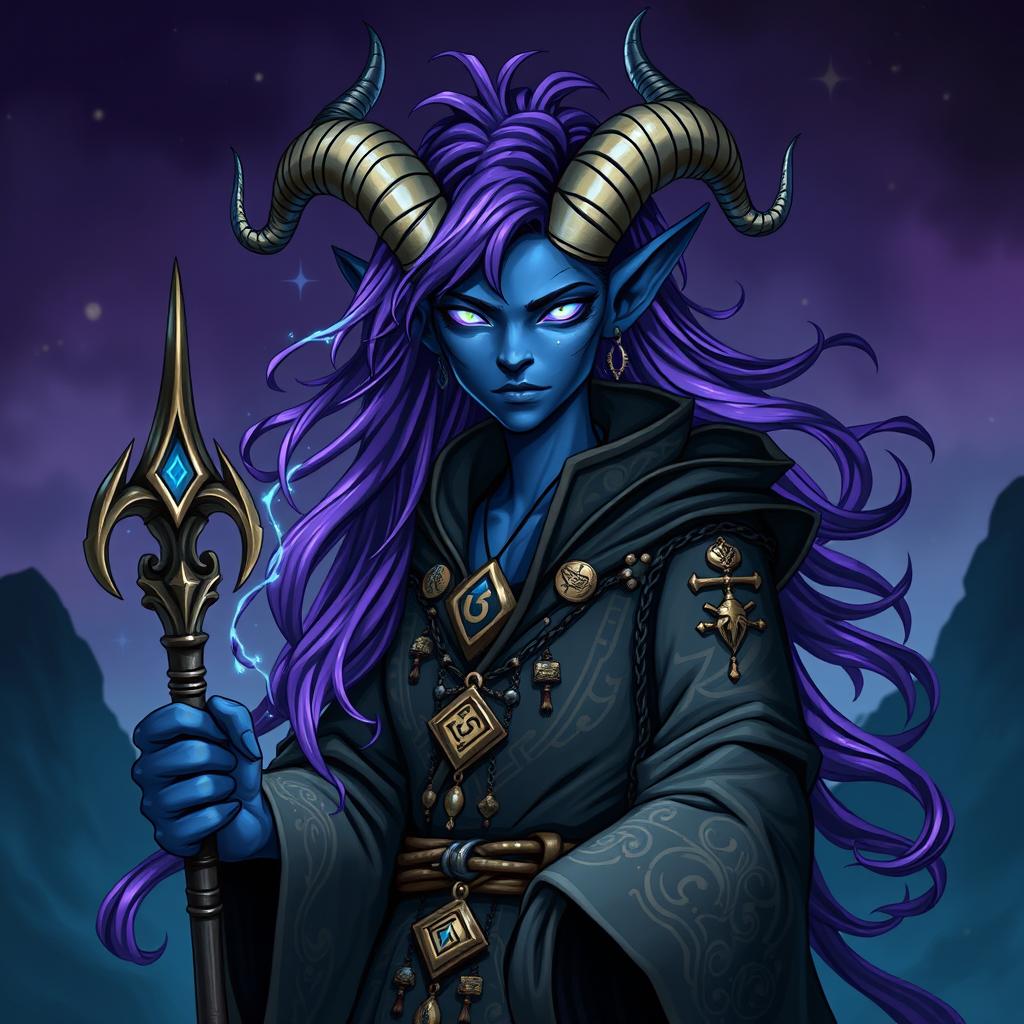 A dark blue-skinned Tiefling warlock character with striking androgynous features, adorned with flowing purple hair that cascades down the shoulders