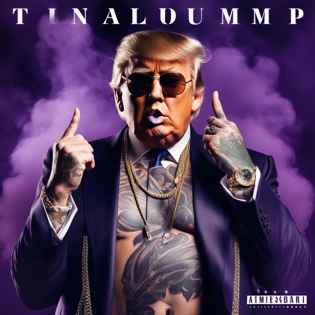 Soundcloud rapper Donald Trump with full-body tattoos on a purple album cover, surrounded by cigar smoke.