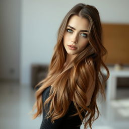 A slender white woman standing at 158cm tall, characterized by her long, wavy brown hair flowing gracefully down her shoulders