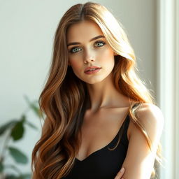 A slender white woman standing at 158cm tall, characterized by her long, wavy brown hair flowing gracefully down her shoulders
