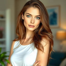 A slender white woman standing at 158cm tall, characterized by her long, wavy brown hair flowing gracefully down her shoulders