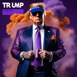 Soundcloud rapper Donald Trump with full-body tattoos on a purple album cover, surrounded by cigar smoke.