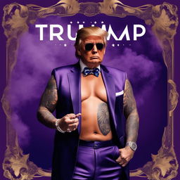 Soundcloud rapper Donald Trump with full-body tattoos on a purple album cover, surrounded by cigar smoke.