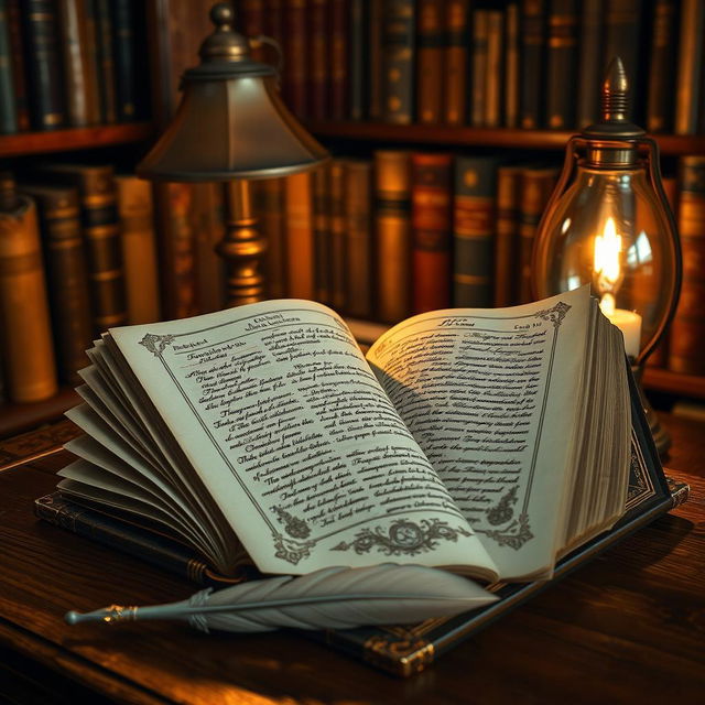 An elegant academic book open on a wooden desk, with intricate calligraphy on the pages