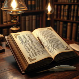 An elegant academic book open on a wooden desk, with intricate calligraphy on the pages