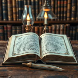 An elegant academic book open on a wooden desk, with intricate calligraphy on the pages
