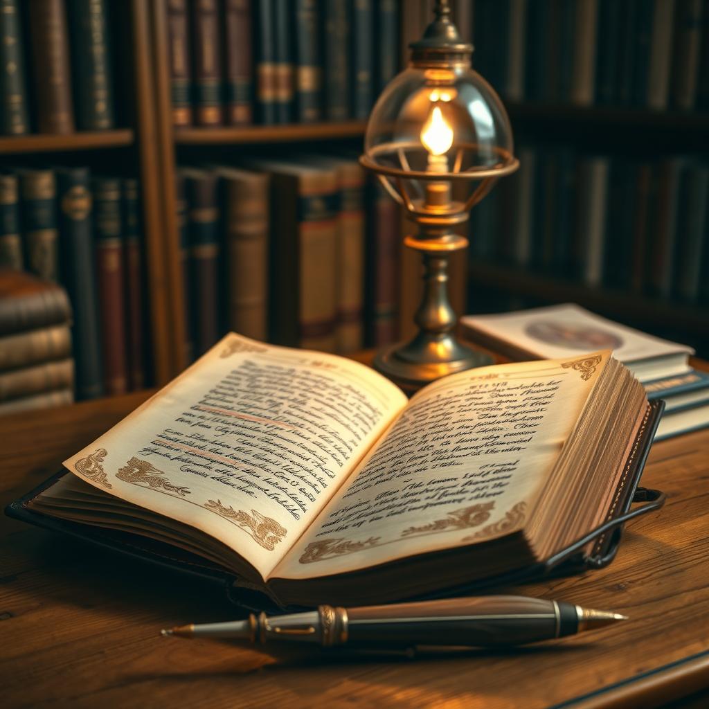 An elegant academic book open on a wooden desk, with intricate calligraphy on the pages