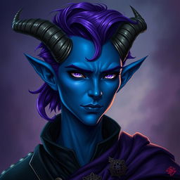 A portrait of a dark blue skinned Tiefling character with androgynous features, showcasing vibrant purple hair styled elegantly