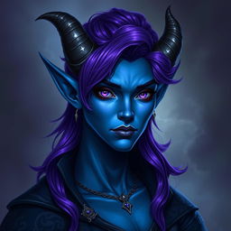 A portrait of a dark blue skinned Tiefling character with androgynous features, showcasing vibrant purple hair styled elegantly