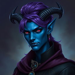 A portrait of a dark blue skinned Tiefling character with androgynous features, showcasing vibrant purple hair styled elegantly