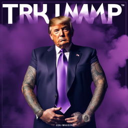 Soundcloud rapper Donald Trump with full-body tattoos on a purple album cover, surrounded by cigar smoke.