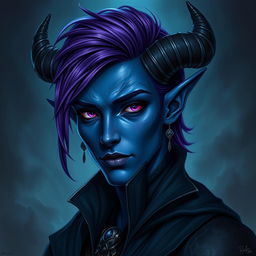 A portrait of a dark blue skinned Tiefling character with androgynous features, showcasing vibrant purple hair styled elegantly