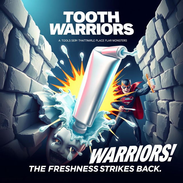 An action movie poster featuring a tube of toothpaste as the central heroic figure, bursting through a wall of enamel with bold, dynamic action lines