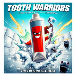 An action movie poster featuring a tube of toothpaste as the central heroic figure, bursting through a wall of enamel with bold, dynamic action lines
