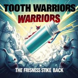 An action movie poster featuring a tube of toothpaste as the central heroic figure, bursting through a wall of enamel with bold, dynamic action lines