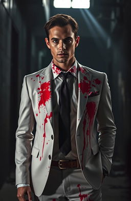 A dramatic scene featuring a man in a stylish, well-tailored suit that is splattered with vivid splashes of red, resembling blood