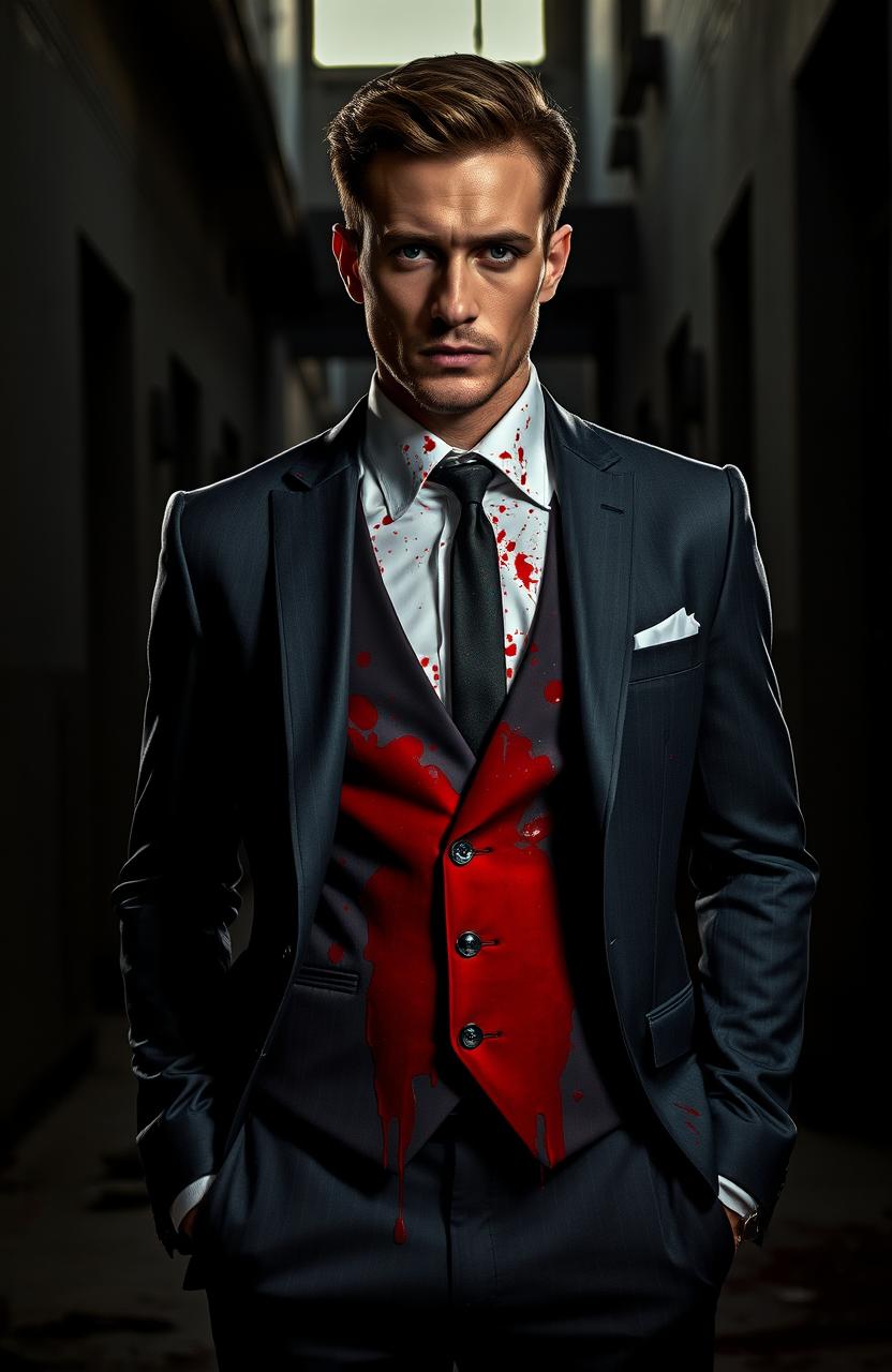 A dramatic scene featuring a man in a stylish, well-tailored suit that is splattered with vivid splashes of red, resembling blood