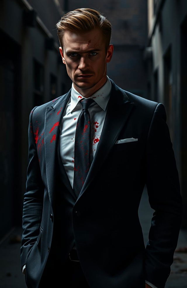 A dramatic scene featuring a man in a stylish, well-tailored suit that is splattered with vivid splashes of red, resembling blood