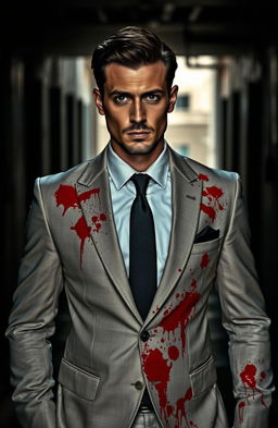 A dramatic scene featuring a man in a stylish, well-tailored suit that is splattered with vivid splashes of red, resembling blood