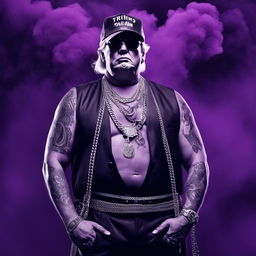 Ultimate Soundcloud trapper Donald Trump with full-body tattoos and dripping in chains on a purple album cover surrounded by cigar smoke