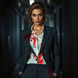 A striking scene featuring a woman in a fashionable, tailored suit that is dramatically splattered with vivid red stains, resembling blood
