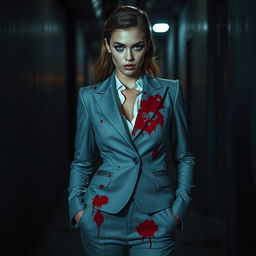 A striking scene featuring a woman in a fashionable, tailored suit that is dramatically splattered with vivid red stains, resembling blood