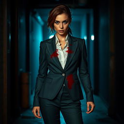 A striking scene featuring a woman in a fashionable, tailored suit that is dramatically splattered with vivid red stains, resembling blood