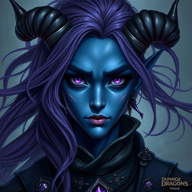 A striking portrait of a dark blue skinned Tiefling character with androgynous features, showcasing flowing purple hair and mesmerizing purple eyes