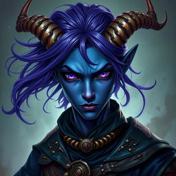 A striking portrait of a dark blue skinned Tiefling character with androgynous features, showcasing flowing purple hair and mesmerizing purple eyes