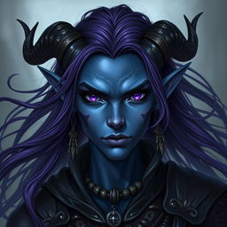 A striking portrait of a dark blue skinned Tiefling character with androgynous features, showcasing flowing purple hair and mesmerizing purple eyes