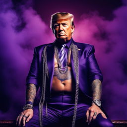 Ultimate Soundcloud trapper Donald Trump with full-body tattoos and dripping in chains on a purple album cover surrounded by cigar smoke