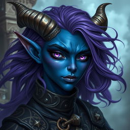 A striking portrait of a dark blue skinned Tiefling character with androgynous features, showcasing flowing purple hair and mesmerizing purple eyes