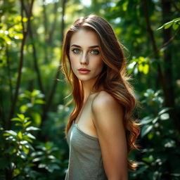 A slender white woman standing at 158cm tall, with long, wavy brown hair flowing elegantly around her shoulders