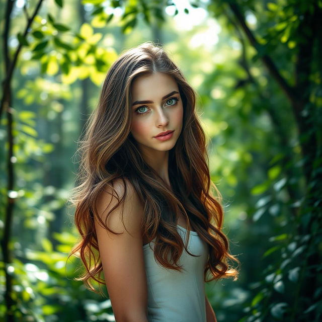 A slender white woman standing at 158cm tall, with long, wavy brown hair flowing elegantly around her shoulders