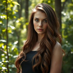 A slender white woman standing at 158cm tall, with long, wavy brown hair flowing elegantly around her shoulders