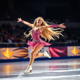 A stunning blonde female figure skater in an eye-catching, sparkly competition outfit, gracefully gliding on the ice