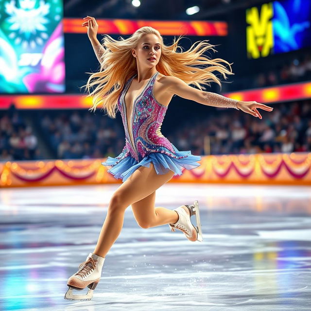 A stunning blonde female figure skater in an eye-catching, sparkly competition outfit, gracefully gliding on the ice