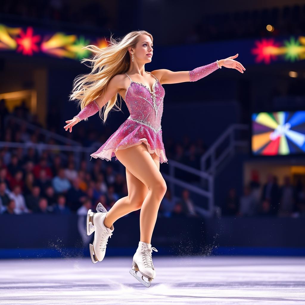 A stunning blonde female figure skater in an eye-catching, sparkly competition outfit, gracefully gliding on the ice